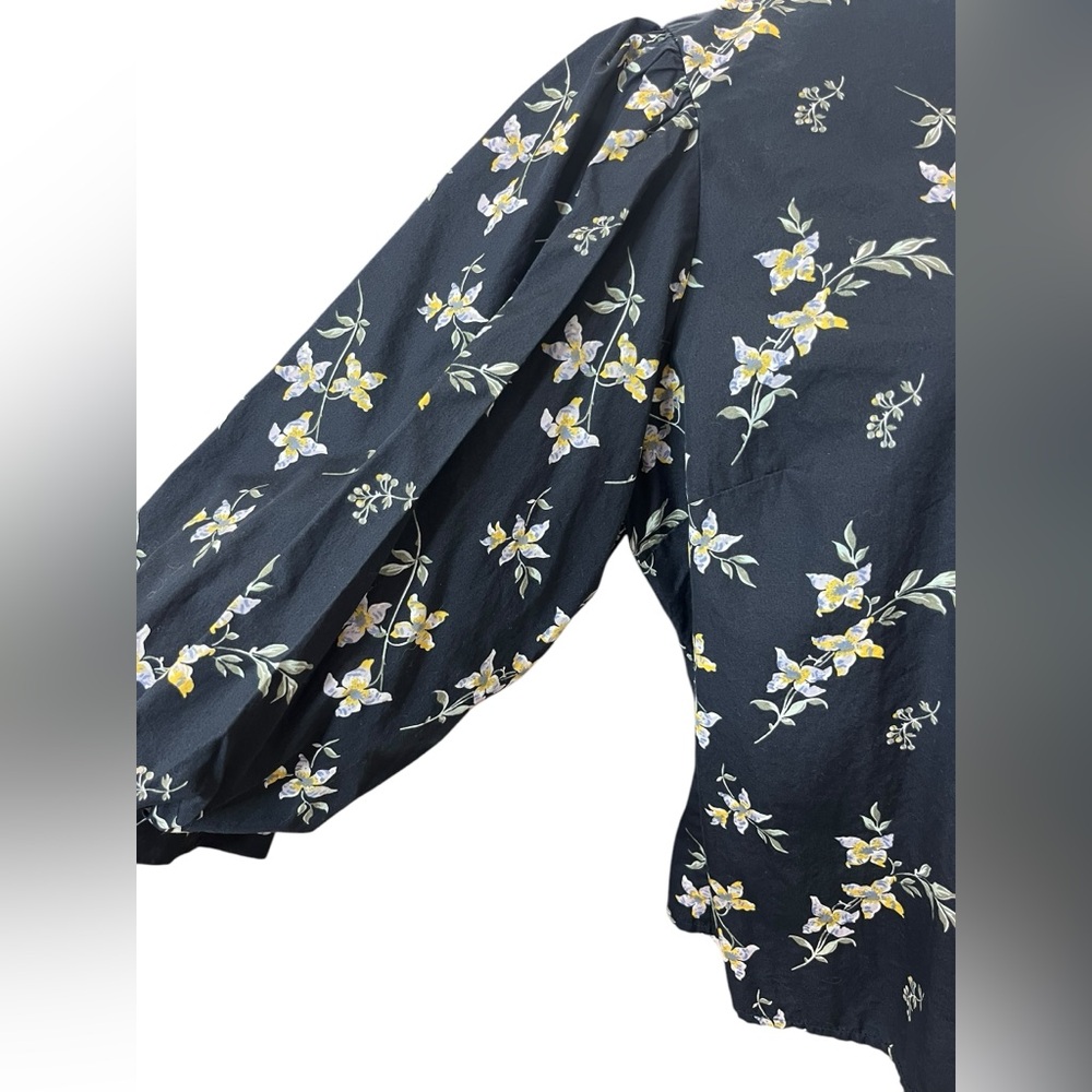 Levi’s Navy Floral Puff Sleeve Blouse XL High Neck Cotton Back Zip Top - Picture 8 of 11